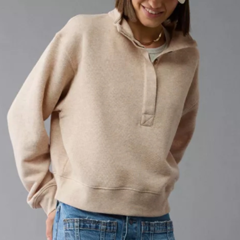 American Eagle Outfitters Cream Button-Up Pullover